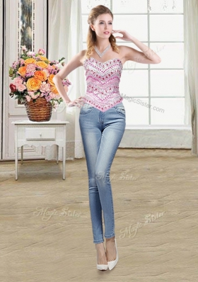 Fine Three Piece Tulle Sweetheart Sleeveless Lace Up Beading Sweet 16 Dress in Rose Pink