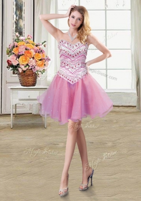Fine Three Piece Tulle Sweetheart Sleeveless Lace Up Beading Sweet 16 Dress in Rose Pink