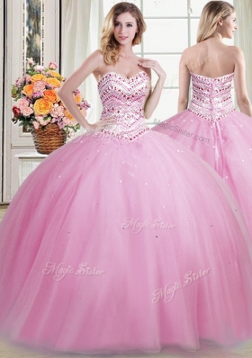 Fine Three Piece Tulle Sweetheart Sleeveless Lace Up Beading Sweet 16 Dress in Rose Pink