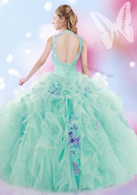 Fitting Tulle High-neck Sleeveless Lace Up Beading and Ruffles Quinceanera Gown in Apple Green