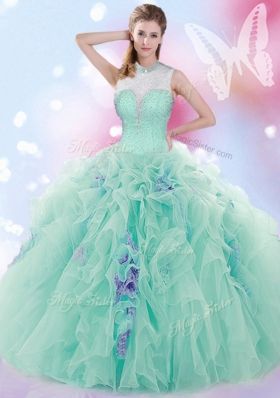 Fitting Tulle High-neck Sleeveless Lace Up Beading and Ruffles Quinceanera Gown in Apple Green