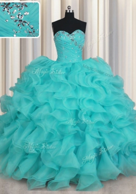 Floor Length Lace Up Quinceanera Gown Aqua Blue and In for Military Ball and Sweet 16 and Quinceanera with Beading and Ruffles