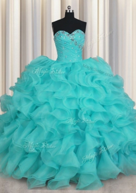 Floor Length Lace Up Quinceanera Gown Aqua Blue and In for Military Ball and Sweet 16 and Quinceanera with Beading and Ruffles