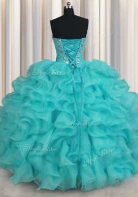 Floor Length Lace Up Quinceanera Gown Aqua Blue and In for Military Ball and Sweet 16 and Quinceanera with Beading and Ruffles