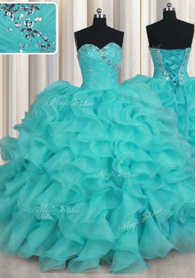 Floor Length Lace Up Quinceanera Gown Aqua Blue and In for Military Ball and Sweet 16 and Quinceanera with Beading and Ruffles