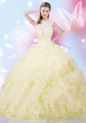 Floor Length Lace Up Sweet 16 Dress Light Yellow and In for Military Ball and Sweet 16 and Quinceanera with Beading and Ruffles and Pick Ups