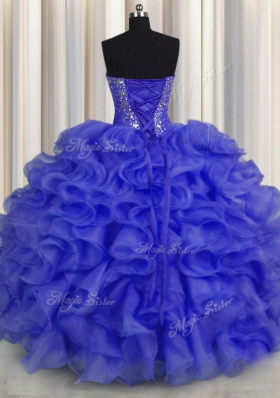 Floor Length Royal Blue Sweet 16 Quinceanera Dress Organza Sleeveless Beading and Ruffles