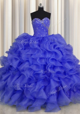Floor Length Royal Blue Sweet 16 Quinceanera Dress Organza Sleeveless Beading and Ruffles