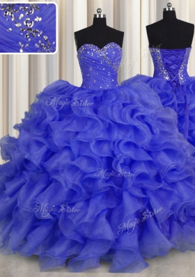 Floor Length Royal Blue Sweet 16 Quinceanera Dress Organza Sleeveless Beading and Ruffles