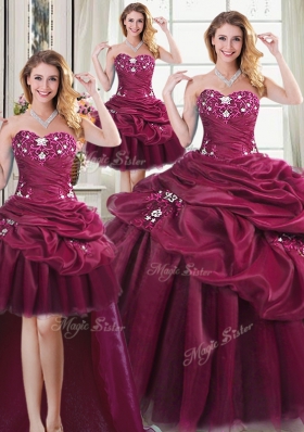 Four Piece Burgundy Lace Up 15th Birthday Dress Beading and Appliques and Pick Ups Sleeveless Floor Length