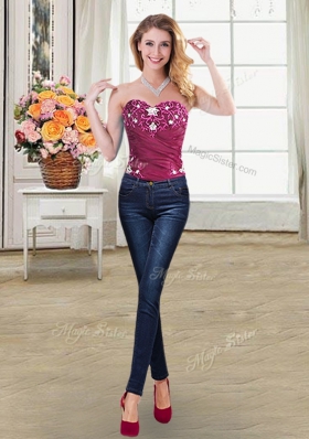 Four Piece Burgundy Lace Up 15th Birthday Dress Beading and Appliques and Pick Ups Sleeveless Floor Length