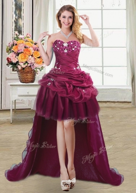 Four Piece Burgundy Lace Up 15th Birthday Dress Beading and Appliques and Pick Ups Sleeveless Floor Length