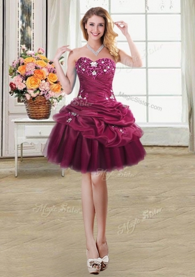 Four Piece Burgundy Lace Up 15th Birthday Dress Beading and Appliques and Pick Ups Sleeveless Floor Length
