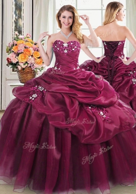 Four Piece Burgundy Lace Up 15th Birthday Dress Beading and Appliques and Pick Ups Sleeveless Floor Length