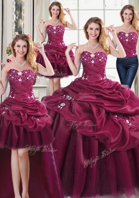Four Piece Burgundy Lace Up 15th Birthday Dress Beading and Appliques and Pick Ups Sleeveless Floor Length
