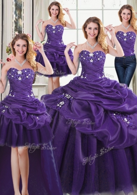 Four Piece Sleeveless Beading and Appliques and Pick Ups Lace Up Quinceanera Dress