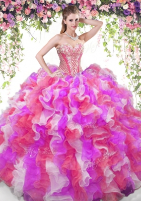 Graceful Multi-color Lace Up Vestidos de Quinceanera Beading and Ruffles Sleeveless Floor Length