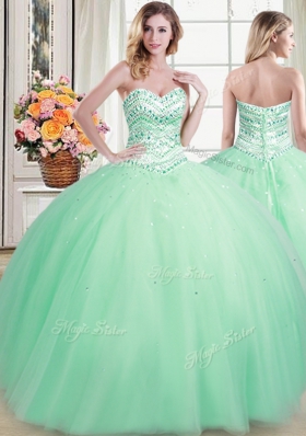 Graceful Three Piece Sweetheart Sleeveless Lace Up Quinceanera Gown Apple Green Tulle