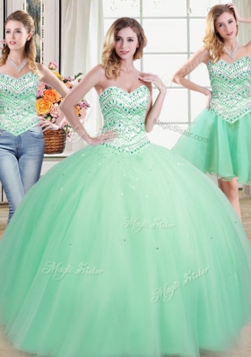 Graceful Three Piece Sweetheart Sleeveless Lace Up Quinceanera Gown Apple Green Tulle