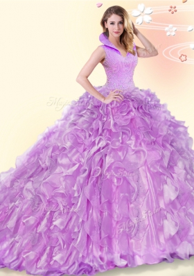Great Backless Lilac Quinceanera Dresses Organza Brush Train Sleeveless Beading and Ruffles