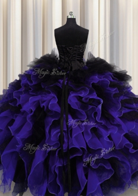 Great Black And Purple Organza and Tulle Lace Up Sweetheart Sleeveless Floor Length Sweet 16 Dress Beading and Ruffles