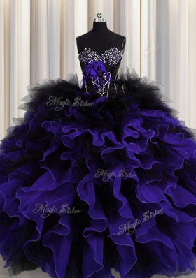 Great Black And Purple Organza and Tulle Lace Up Sweetheart Sleeveless Floor Length Sweet 16 Dress Beading and Ruffles