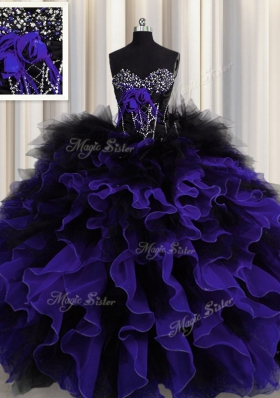 Great Black And Purple Organza and Tulle Lace Up Sweetheart Sleeveless Floor Length Sweet 16 Dress Beading and Ruffles