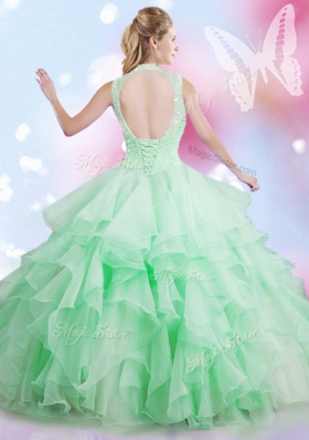 High-neck Sleeveless Sweet 16 Quinceanera Dress Floor Length Beading and Ruffles Baby Blue Tulle