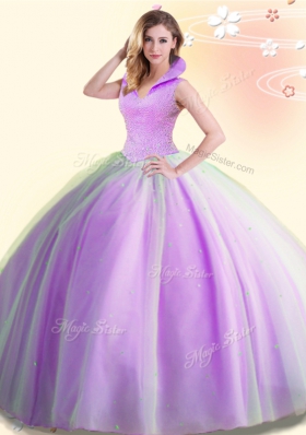 High-neck Sleeveless Tulle Quinceanera Dress Beading Backless