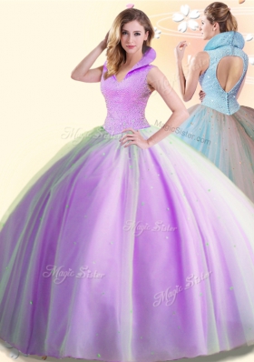High-neck Sleeveless Tulle Quinceanera Dress Beading Backless