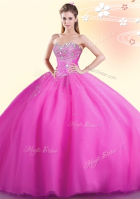 Hot Pink Quinceanera Gown Military Ball and Sweet 16 and Quinceanera and For with Beading Sweetheart Sleeveless Lace Up