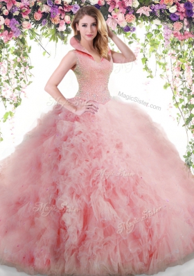 Hot Sale Backless Baby Pink Sleeveless Beading and Ruffles Floor Length Sweet 16 Dress