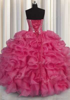 Lovely Hot Pink Lace Up Quinceanera Gown Beading and Ruffles Sleeveless Floor Length