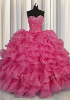 Lovely Hot Pink Lace Up Quinceanera Gown Beading and Ruffles Sleeveless Floor Length