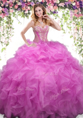 Lovely Lilac Organza Lace Up Sweetheart Sleeveless Floor Length Quinceanera Gowns Beading and Ruffles