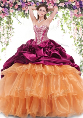 Modern Sleeveless Brush Train Lace Up With Train Beading and Ruffled Layers and Pick Ups Sweet 16 Quinceanera Dress