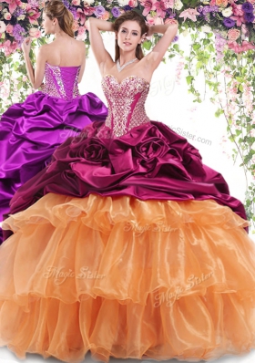 Modern Sleeveless Brush Train Lace Up With Train Beading and Ruffled Layers and Pick Ups Sweet 16 Quinceanera Dress