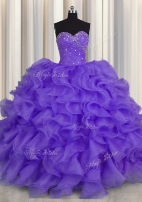 New Arrival Lavender Ball Gowns Beading and Ruffles Quinceanera Dress Lace Up Organza Sleeveless Floor Length