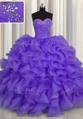 New Arrival Lavender Ball Gowns Beading and Ruffles Quinceanera Dress Lace Up Organza Sleeveless Floor Length