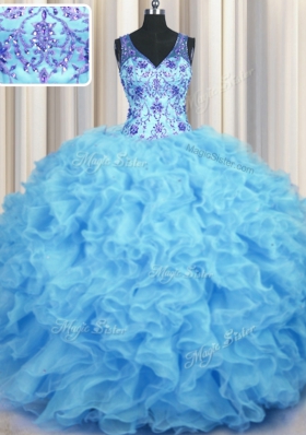 Noble V Neck Baby Blue Organza Zipper Quinceanera Dresses Sleeveless Floor Length Beading and Appliques and Ruffles