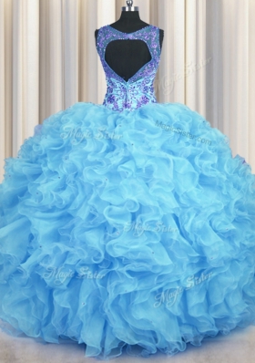 Noble V Neck Baby Blue Organza Zipper Quinceanera Dresses Sleeveless Floor Length Beading and Appliques and Ruffles