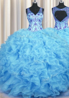 Noble V Neck Baby Blue Organza Zipper Quinceanera Dresses Sleeveless Floor Length Beading and Appliques and Ruffles