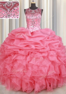 Organza Scoop Sleeveless Lace Up Beading and Ruffles and Pick Ups Sweet 16 Dresses in Watermelon Red