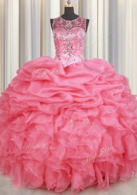 Organza Scoop Sleeveless Lace Up Beading and Ruffles and Pick Ups Sweet 16 Dresses in Watermelon Red