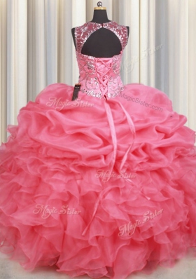 Organza Scoop Sleeveless Lace Up Beading and Ruffles and Pick Ups Sweet 16 Dresses in Watermelon Red