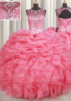 Organza Scoop Sleeveless Lace Up Beading and Ruffles and Pick Ups Sweet 16 Dresses in Watermelon Red