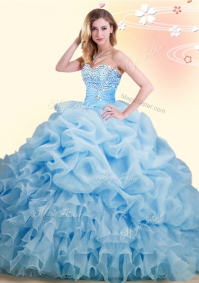 Pick Ups Brush Train Ball Gowns Sweet 16 Dress Baby Blue Sweetheart Organza Sleeveless With Train Lace Up