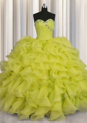 Pretty Floor Length Yellow Green Vestidos de Quinceanera Organza Sleeveless Beading and Ruffles