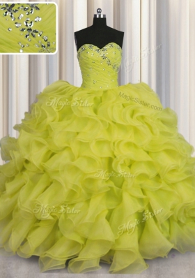 Pretty Floor Length Yellow Green Vestidos de Quinceanera Organza Sleeveless Beading and Ruffles