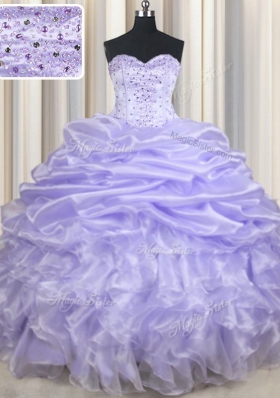 Pretty Lavender Sleeveless Floor Length Beading and Ruffles and Pick Ups Lace Up Quinceanera Dresses